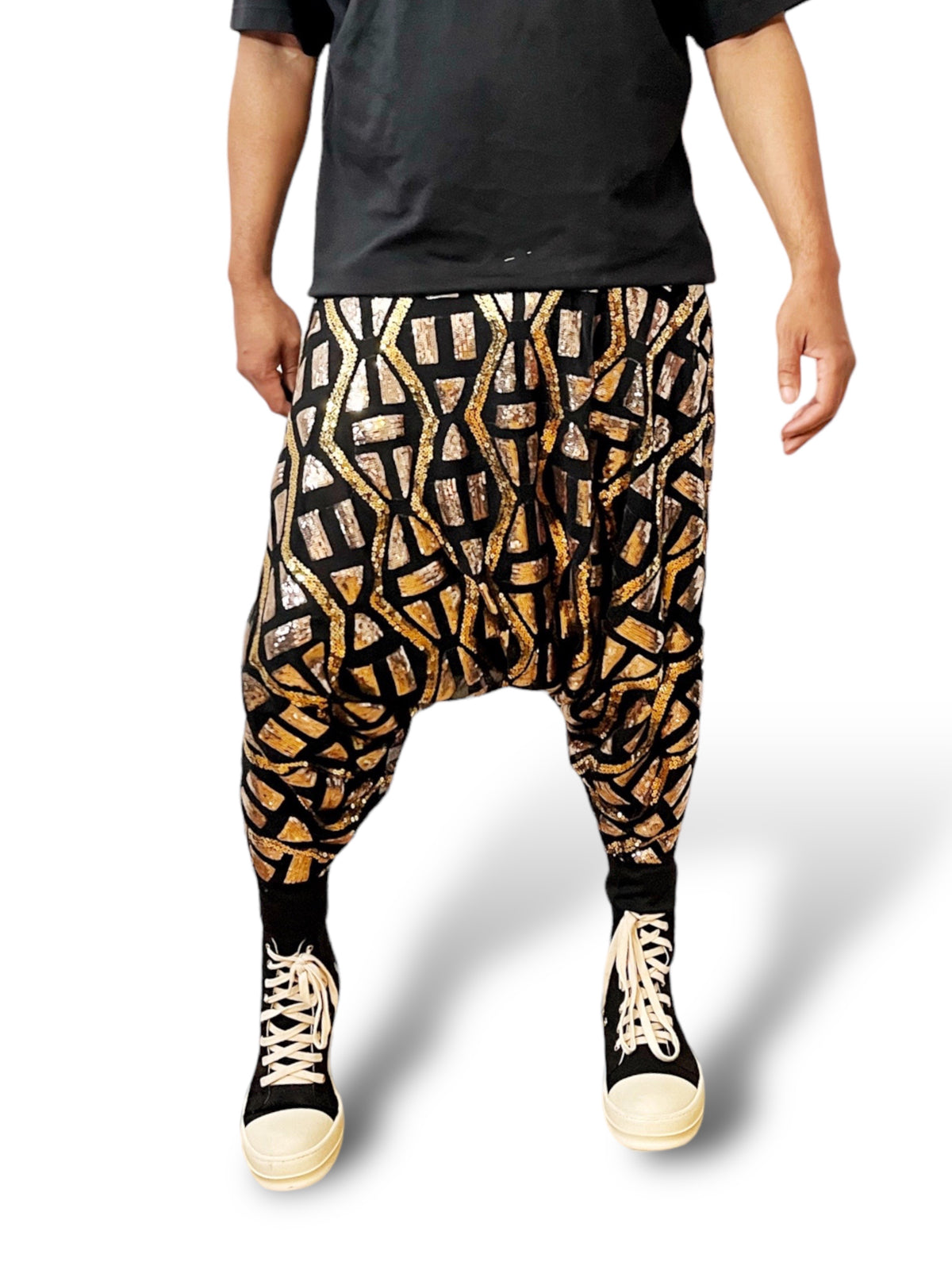 Symbol Aztec Tribal Sequins Jogger Pant Sequin Patterned Mesh Lined Two Tone Gold And Festival Trouser Pants Unisex - Who Cares Why Not