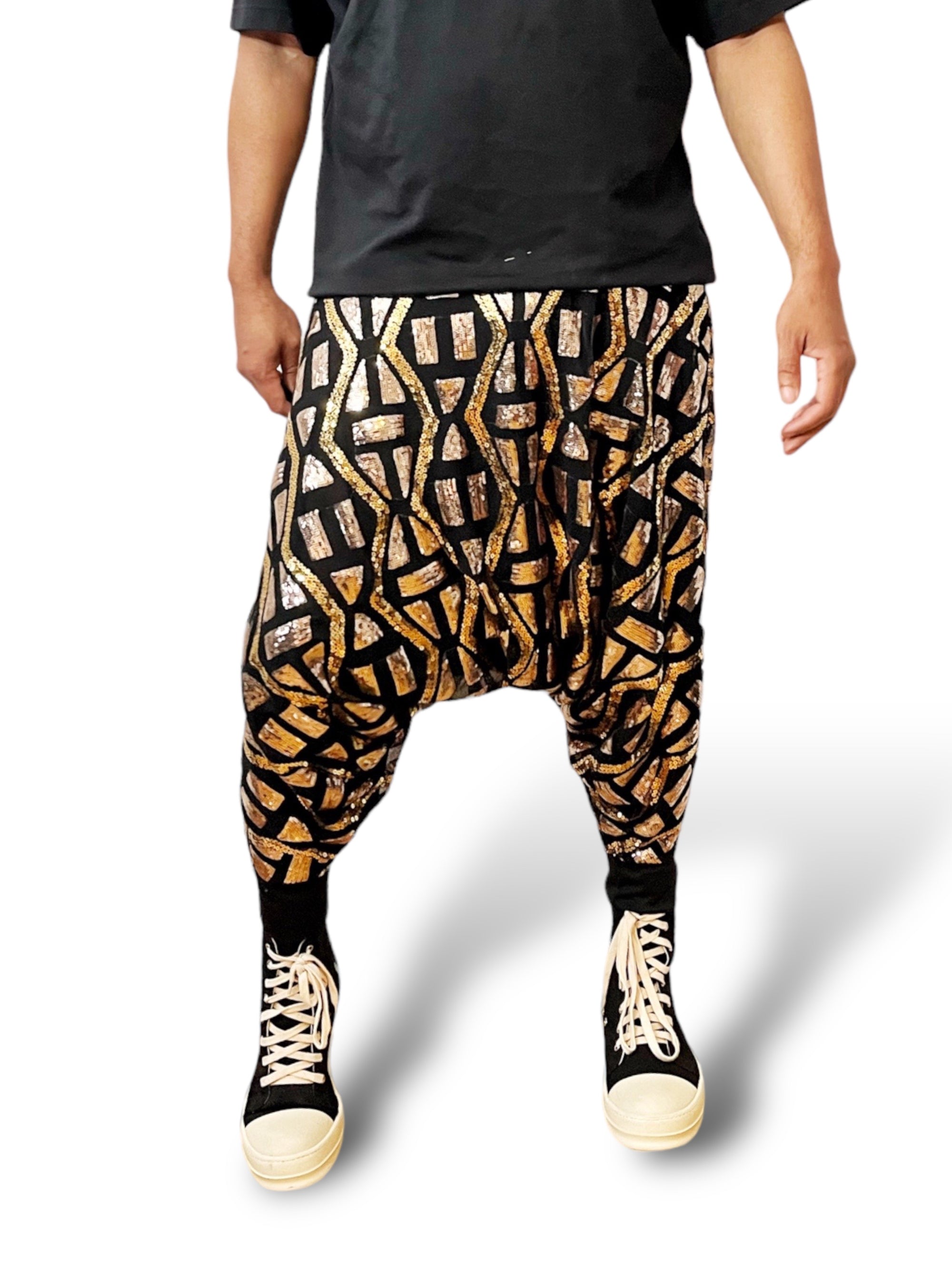 Symbol Aztec Tribal Sequins Jogger Pant Sequin Patterned Mesh Lined Two Tone Gold And Festival Trouser Pants Unisex - Who Cares Why Not