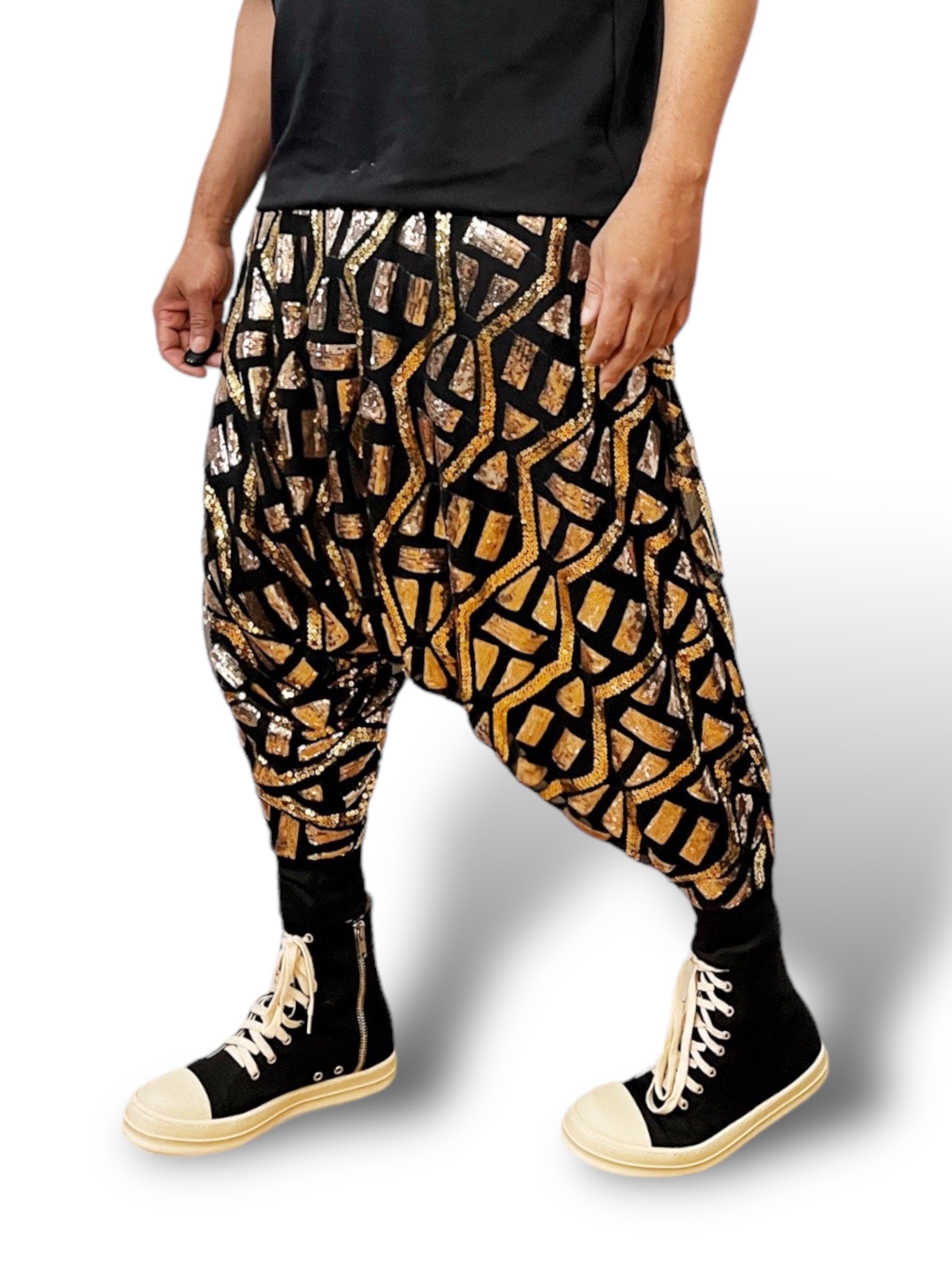 Symbol Aztec Tribal Sequins Jogger Pant Sequin Patterned Mesh Lined Two Tone Gold And Festival Trouser Pants Unisex - Who Cares Why Not