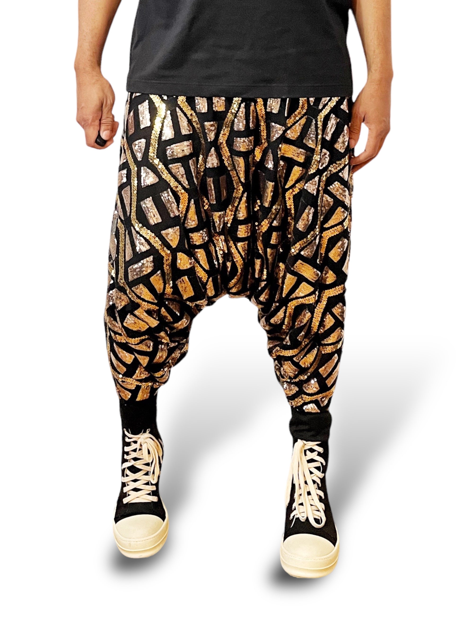 Symbol Aztec Tribal Sequins Jogger Pant Sequin Patterned Mesh Lined Two Tone Gold And Festival Trouser Pants Unisex - Who Cares Why Not