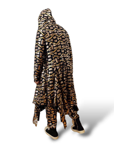 Aztec/Tribal Gold Sequin Hoodie Cloak Cardigan Handkerchief Swing Hem | Mesh Sequin - Who Cares Why Not