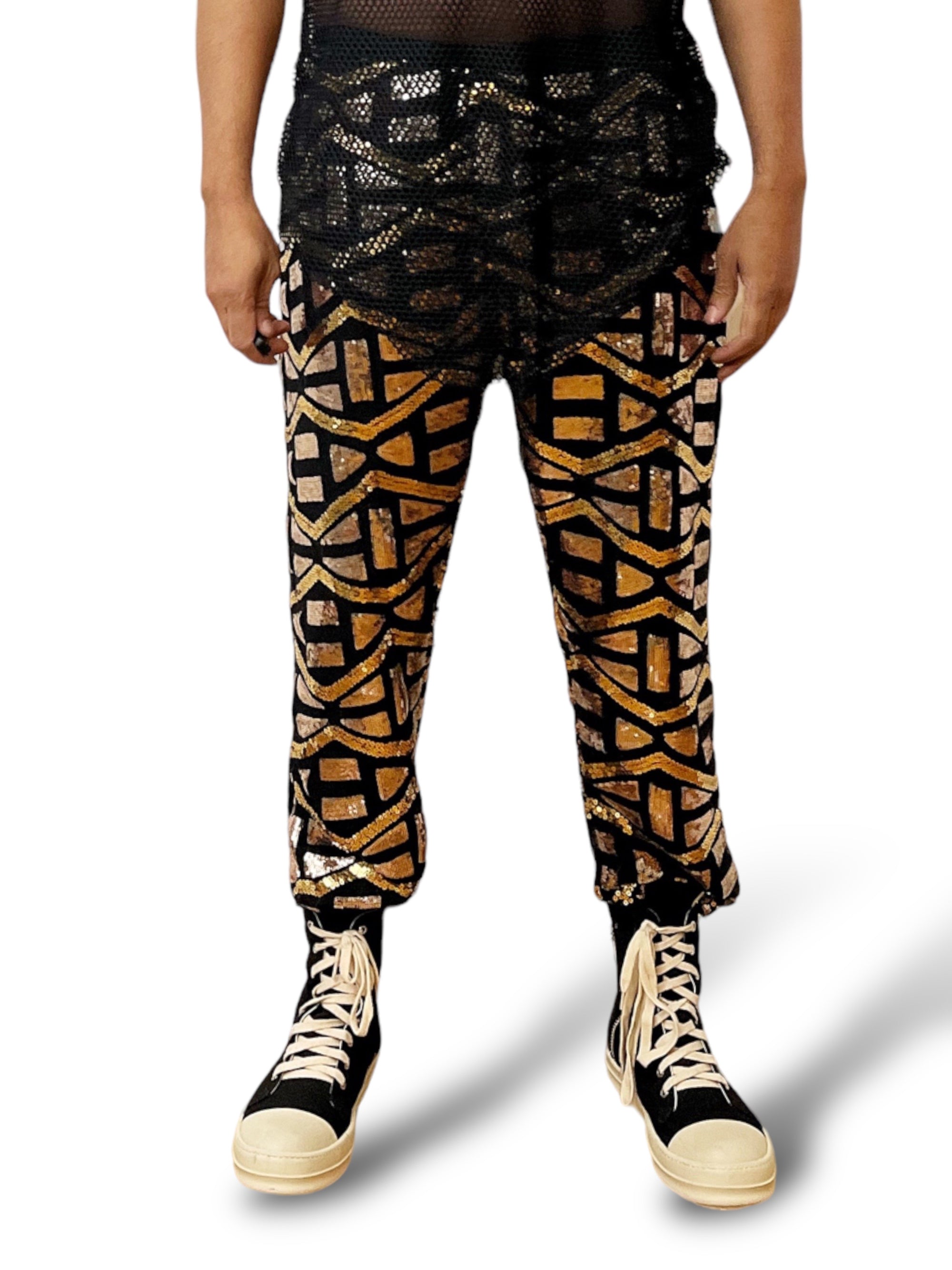 Symbol Aztec Tribal Sequins Jogger Pant Sequin Patterned Mesh Lined Two Tone Gold And Festival Trouser Pants Unisex - Who Cares Why Not
