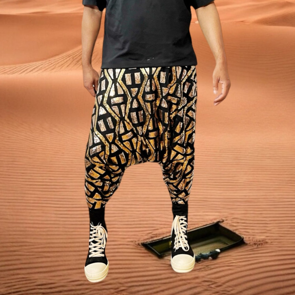 Symbol Aztec Tribal Sequins Jogger Pant Sequin Patterned Mesh Lined Two Tone Gold And Festival Trouser Pants Unisex - Who Cares Why Not