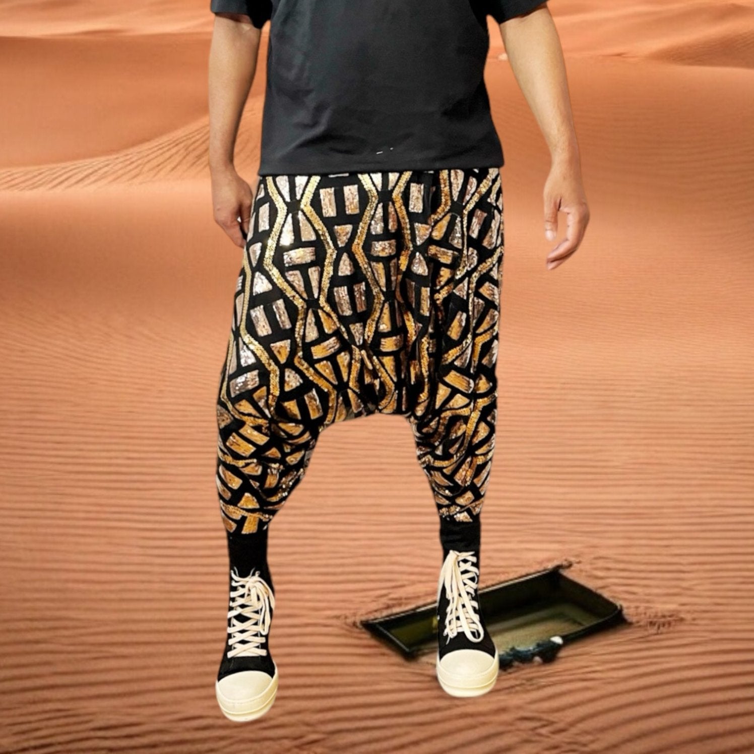 Symbol Aztec Tribal Sequins Jogger Pant Sequin Patterned Mesh Lined Two Tone Gold And Festival Trouser Pants Unisex - Who Cares Why Not