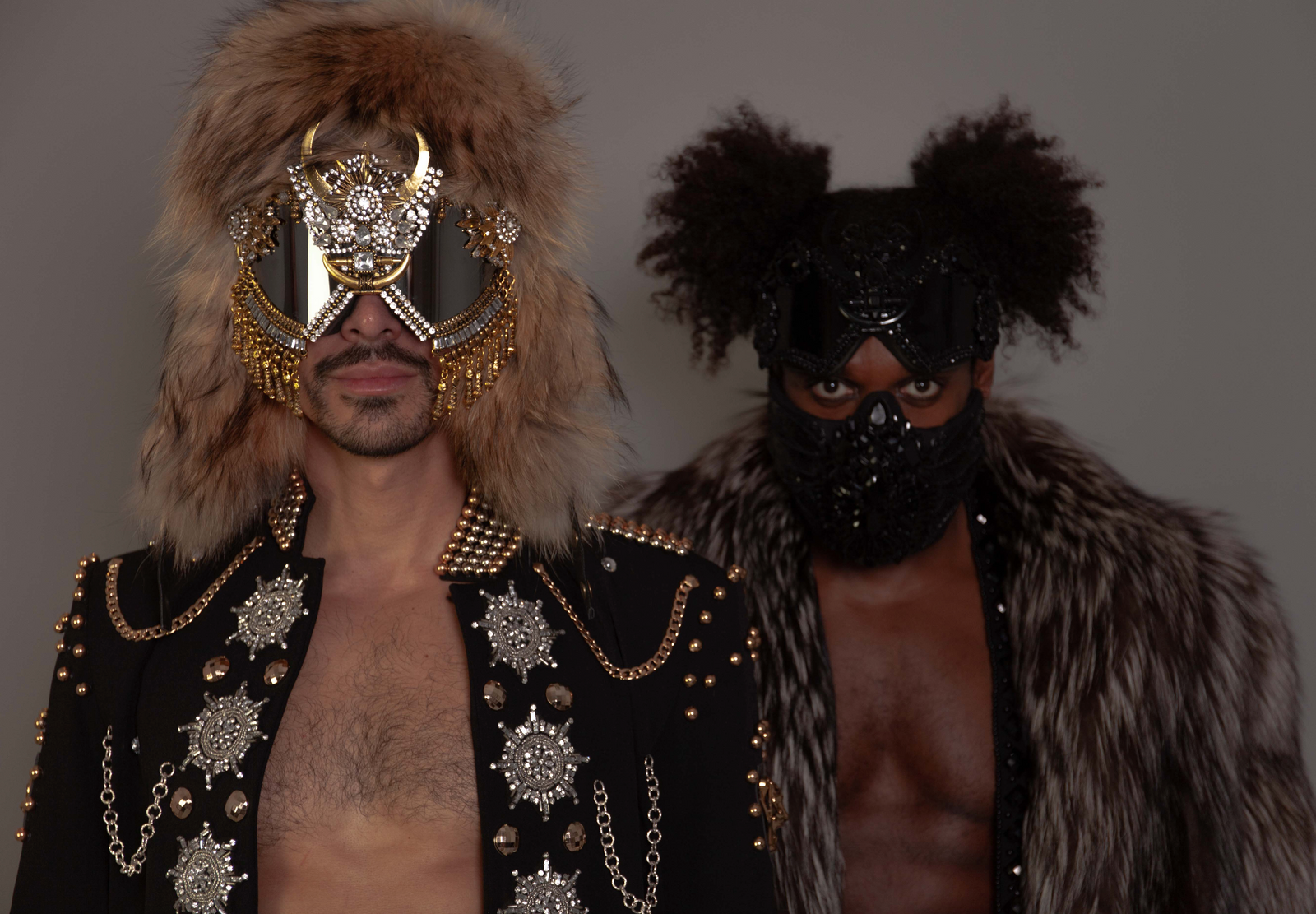 A WCWN look: crystal-studded military cap, round sunglasses and a sequin jacket, shot on grey seamless